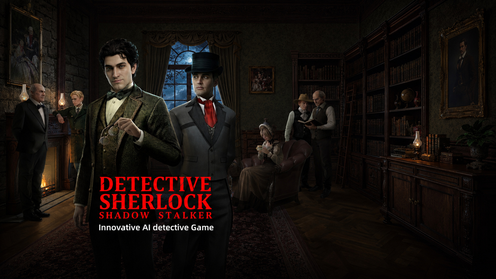 Detective Sherlock Shadow Stalker key art with Sherlock Holmes and the main cast inside a Victorian manor